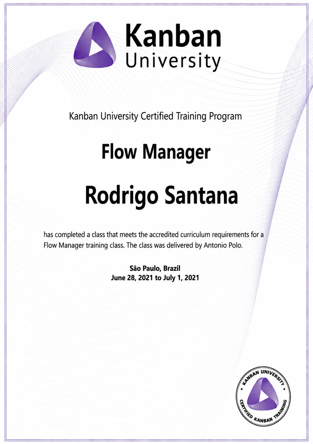 Certificação Flow Manager, emitida pela Kanban University